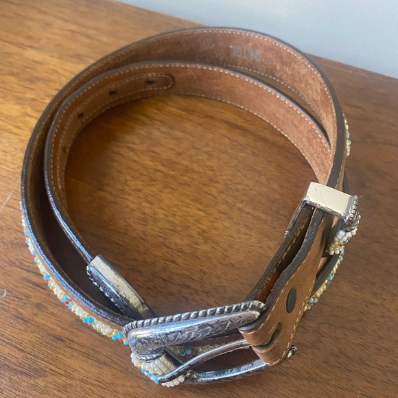 Women’s Tony Lama Beaded Leather Belt Blue Brown Size 30 - Picture 2 of 13